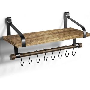 Flottant Étagère Murale pour le Rangement, en Bois Rustique Cuisine étagère à Épices avec Barre de Serviette et 8 Crochets Amovibles pour Organiser des Ustensiles de Cuisine - Neuf