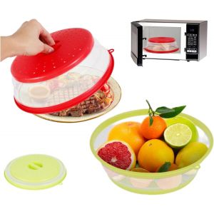 Lot de 2 couvercles pliables pour micro-ondes-26,5 cm-Avec trous de vapeur-Pour micro-ondes-Empêche les éclaboussures-Rouge et vert - Neuf