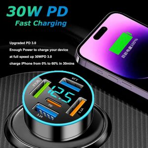 5 Ports Chargeur Allume Cigare USB C Rapide, 66W Chargeur Voiture PD30W+QC3.0+3.1A, Prise Allume Cigare 12v avec Voltm&egrave;tre LED pour iPhone 15 14 13 Pro Max Samsung Tablette Android, etc - Neuf