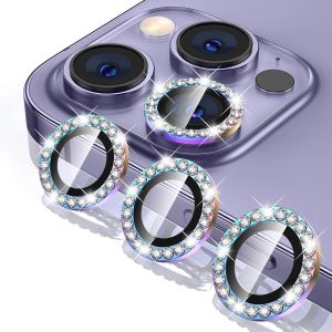 Protection Objectif Caméra Iphone 14 Pro 6,1'' / 14 Pro Max 6,7'' - Verre Trempé 9h + Anneau Métal Aluminium Aviation Avec Strass Diamantés - Anti-Rayures, Étanche, Compatible Coque (Lot De 3) - Neuf