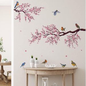 ERYI-Stickers Muraux Fleur Rose Branche D'Arbre, Autocollants Muraux Oiseaux Fleur De Cerisier, Décoration Murale Pour Chambre Salon Salle De Bain - Neuf