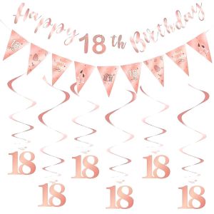 CHECARZHN--NO1-1 Set Deco Anniversaire, Decoration Annivèrsaire 18 Ans, Deco Anniversaire Rose, Bannière De Joyeux Annívèrsaire Et Décoration De Tourbillon À Suspendre Pour Fête D'Annívèrsaire - Neuf