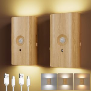 Lot De 2 Appliques Murales Avec D&eacute;tecteur De Mouvement, Led Rechargeable 3600 Mah, Lampe Murale 3 Couleurs, Veilleuse &Agrave; D&eacute;tecteur De Mouvement Magn&eacute;tique - Neuf