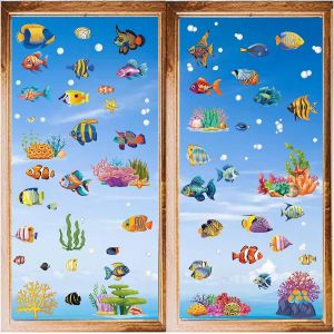 ERYI-8 Feuille D'Autocollants De Fenêtre En Forme De Poisson Tropical - Stickers Muraux En Forme D'Étoile De Mer - Corail - En Pvc Imperméable - Autocollant En Vinyle - Pour Chambre À Coucher - Neuf