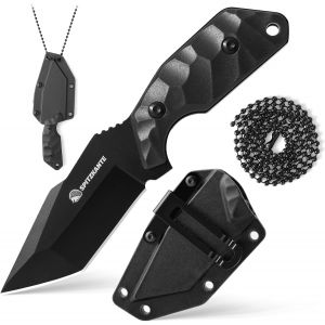 Neck Knife X-Tan-K,Lame Tanto De 7,8 Cm En Acier 5cr14mov,Petit Couteau Fixe Edc Outdoor Avec Fourreau Abs,Chaîne À Billes,Entièrement Noir - Neuf