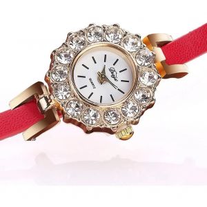 Duoya Femmes Romantique Lettre Strass Bracelet Montre-Bracelet Cha&icirc;ne Quartz Analogique Montre (Rouge) - Neuf
