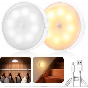 Lampe Détecteur De Mouvement Interieur,Veilleuse Led Rechargeable 3 Modes Éclairage,Lampe Led Sans Fil Lumière Pour D'escalier,Couloir,Chambre À Coucher,Armoire,Cuisine (2 Pièces) - Neuf