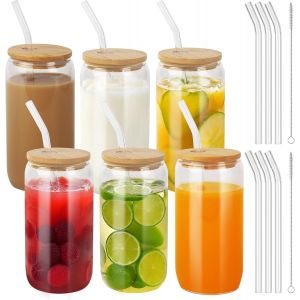 Mevronisshop-6 Pi&egrave;ces Verres &Agrave; Boire Avec Couvercles En Bambou Et Paille En Verre,Verre Canette 500 Ml, Avec Couvercle Et Paille,Pour Ice Coffee, Cocktail, Smoothie - Neuf