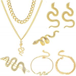 Meimie-6 Pièces Parure Bijoux Femme Bague Serpent Boucle D'oreille Serpent Or Colliermulticouche Bracelet Serpent Barrette Cheveux Femme Strass Serpent Cadeau De Bijoux Halloweenméduse Costume - Neuf