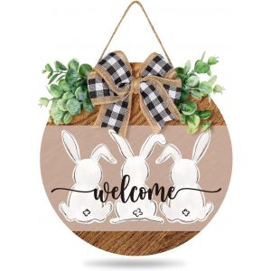 Panneau Suspendu En Bois De Pâques, Panneau De Bienvenue De Lapin Décoration De Porte Avec N?Ud, Panneau De Couronne En Bois Rustique De Pâques Pour Pâques Printemps Café Boulangerie Ferme - Neuf