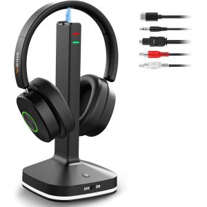 MEVRONISSHOP-Casque sans fil pour t&eacute;l&eacute;vision - Casque TV sans fil pour personnes &acirc;g&eacute;es avec station de charge d'&eacute;metteur - Sans d&eacute;lai audio - Bluetooth 5.4 - Casque supra-auriculaire avec 3 modes aud - Neuf