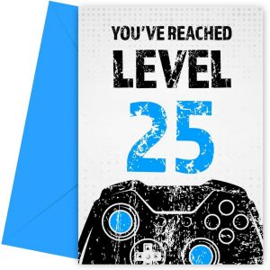 Carte d'anniversaire Gamer pour homme - Noir et bleu - Pour fils, petit-fils, neveu ou fr&egrave;re - Carte d'anniversaire pour homme de 25 ans - Neuf