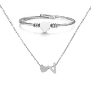 Kal-Collier Pendentif Lettre Initiale Personnalisée Femme Collier Initiale Coeur Bracelet Coeur Ouvert Ajustable Bracelet De Manchette En Acier Inoxydable A-Z Pendentif Collier Femmes Filles - Neuf