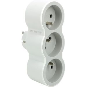 Fiche Multiprise Triplite - 3 Prises Frontales Avec Terre - Positionnement Horizontal - Sécurité Enfant Intégrée - Blanc Et Gris C - Neuf