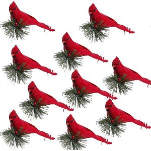 Des d&eacute;corations de no&euml;l des oiseaux 10pcs rouge cardinaux clip sur des branches de pin - Neuf