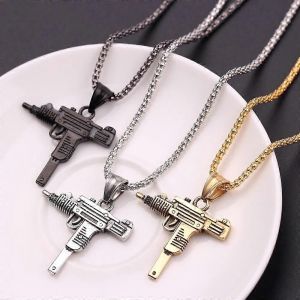 Cool Gothique Hip Hop Uzi Kolye Gun Forme Pendentif Collier Or Noir Argent Couleur Arm&eacute;e Style M&acirc;le Cha&icirc;ne Hommes Colliers Bijoux - Neuf