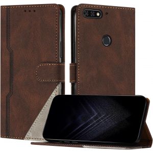 KAL-&Eacute;tui Pour Huawei Y7 2018, Housse En Cuir Pu Avec [Protection Antichoc Tpu] [Fonction Support] [Porte-Cartes ] Antichoc Magn&eacute;tique Coque Pour Huawei Y7 2018 - Marron - Neuf