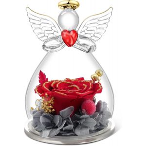 Cadeau pour m&egrave;re : Figurine d'ange, rose &eacute;ternelle, d&ocirc;me en verre, ange, rose infinie - Neuf
