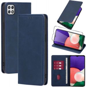 JGD-Coque Cuir pour Samsung Galaxy A22 5G 6.6"" avec 1 Verre Tremp&eacute; Etui &agrave; Rabat en PU Porte-Cartes Portefeuille Support Flip Housse Magn&eacute;tique Antichoc Anti-Rayures Case,Bleu - Neuf