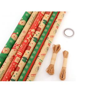 Ensemble De Papier Cadeau De No&euml;l Avec Ficelle De Jute Et Ruban Adh&eacute;sif - 6 Feuilles - Neuf