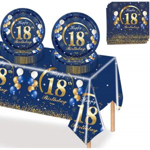 37 Pièces Vaisselle Anniversaire, Bleu Or, Kit Comprenant Assiettes, Serviettes, Nappe, Décoration Pour 18 Ans - Neuf