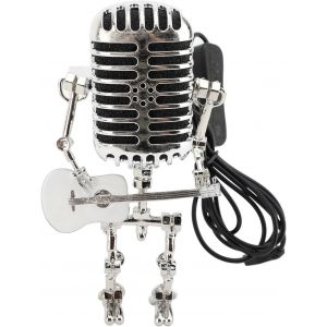 Kal-Lampe De Bureau Robot Microphone Vintage, Lampe Robot Microphone En Aluminium Avec Mini Guitare Rétro Robot En Métal Veilleuse Vintage Lumière Décor À La Maison (Blanc) - Neuf