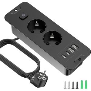Lot de 2 prises encastrables avec USB A et USB C, avec rallonge de 2 m et interrupteur, pour bureau, maison (noir) - Neuf
