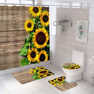 Lot de 4 rideaux de douche tournesol avec tapis antidérapant (fleurs), abattant de WC et tapis de bain, rideau de douche vintage imperméable avec 12 crochets - Neuf