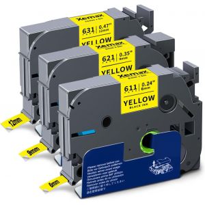 3x maX Compatible pour Brother Ruban 12mm 9mm 6mm &Eacute;tiquettes TZe-631 TZe-621 TZe-611 Adh&eacute;sif P-Touch Bande Noir sur Jaune Cassette pour P-Touch PT-E110 H100R H110 H101C H108 E100 H100LB H107 H105 - Neuf