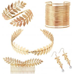 Couronne Laurier Dorée,Serre Tete Couronne De Laurier Femme Fille Or,Bracelet Bras Manchette Doré Boucles D'oreilles Déesse Grecque Costume Accessoires Déguisement Bandeau Cheveux Diademe - Neuf