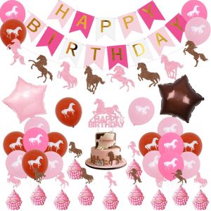 Décorations de fête de cheval pour filles, kit de ballons sur le thème du cheval avec bannière de joyeux anniversaire, décoration de gâteau, ballons de cheval Derby pour fournitures - Neuf