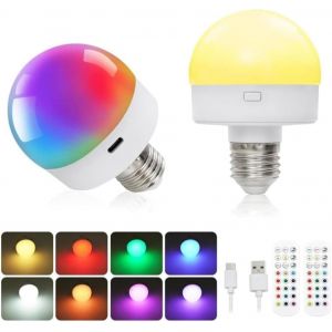 Lot De 2 Ampoules Rechargeables Usb C Avec Télécommande, Ampoules À Piles De 3 W, 16 Couleurs, Intensité Variable, Pour Camping En Plein Air, Ampoule D'urgence Avec Support De Lampe Amovible - Neuf