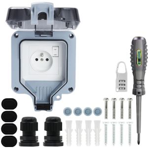 Prise Exterieure Etanche IP66 Double Prise de Courant et Volet de Protection Multiprise Electrique Murale de Jardin,Prise Anti-Poussière et Coupe-Vent avec Interrupteur,Voyant Lumineux (MPG1-FSN) - Neuf
