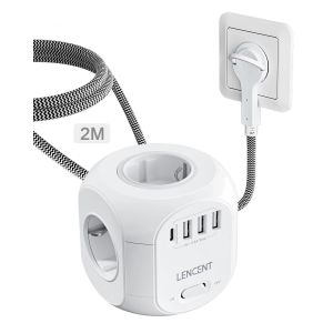LENCENT ¿ multiprise ue avec 4 prises ca, 3 ports USB, 1 Type C, câble tressé de 2M/3M, prise multiple avec interrupteur pour la maison-Fiche plate 2M 3U1C - Neuf