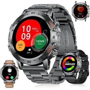 Montre Connectée Homme Avec Appel Bluetooth, 1,45"" Amoled Militaire Smartwatch Avec 530mah, 3 Bracelets, Fréquence Cardiaque, Moniteur De Sommeil Pour Ios Android, 100+ Sportmodi Podometre - Neuf