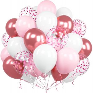 CAUC-Ballons Rose et Blancs, 60 Pi&iquest;&iquest;ces 12 Pouces Rose Pastel Latex Rouge M&iquest;&iquest;tallique Confettis Ballons avec Ruban pour Filles Femmes Enfant F&iquest;&iquest;te Anniversaire Baby Shower Mariage Bapt&iquest;&iquest;me D&iquest;&iquest;coratio - Neuf