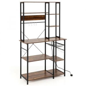 Buffet de Cuisine à 6 Niveaux COSTWAY, Prise Électrique, Étagères Ouvertes en Bois, Crochets, Panier, Cadre en Métal, 99x 40x 170cm - Neuf