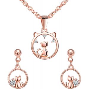 Ensemble De Bijoux Collier Et Boucles D'oreilles,Collier Pendentif Chat Mignon,Boucle D'oreilles De Chat En Diamant Brillant,En Argent 925 Pour Femme Fille,Zircon Incrusté - Neuf