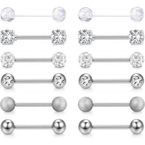 Nbgcm-12pcs 14g Piercing Teton Et Langue Pour Femme En Acier Chirurgical - Barbells Argent Bijoux Mamelon - Neuf
