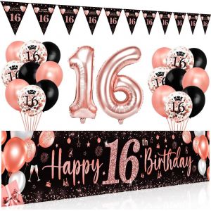 CAUC-D&eacute;coration Anniversaire 16 Or Rose Noir, Ballons, Banderole Joyeux, Triangle Banni&egrave;re, Toile Affiche Fond Photo pour Femme - Neuf