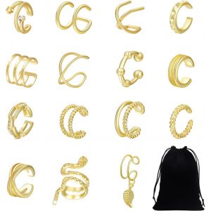 Lot De 15 Boucles D'oreilles &Agrave; Clip Dor&eacute;es Avec Sac De Rangement - Cartilages, Perc&eacute;es, Enroul&eacute;es - Pour Femme (M&eacute;tal) - Neuf