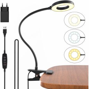Lampe de Bureau, Lampe de Lecture avec 3 Modes et 10 Niveaux de Gradation, Lampe à Clip de 40 cm pour le Bureau et la Maison, Lampe de Bureau avec Adaptateur CE, Noir - Neuf