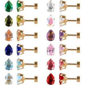 Kal-Lot De 12 Paires De Boucles D'oreilles À Tige En Acier Inoxydable Chirurgical À Dos Plat En Forme De C?ur, Étoile Carrée En Forme De Larme, Plaqué Or, Oxyde De Zirconium - Neuf