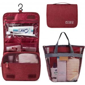 MAA-Trousse de toilette de voyage portable à suspendre pour homme et femme, 1 trousse de toilette + 1 sac fourre-tout en maille, plusieurs couleurs, rouge foncé, Dark Red, Trousse de toilette - Neuf