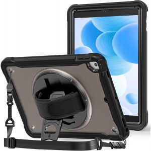 Étui Antichoc Pour Ipad 9.7 Pouces 2018/2017 6ème /5ème Génération, Ipad Air 2/1, Housse Dos Semi-Transparent, Coque De Protection Avec Bandoulière Réglable -Noir - Neuf