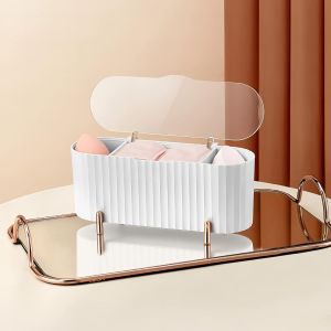 (Blanc) Boîte à cotons-tiges, cotons-tiges avec couvercle transparent, boîte de rangement à 3 compartiments pour tampons de coton démaquillants, boîte de rangement pour vanité de salle de bain - Neuf