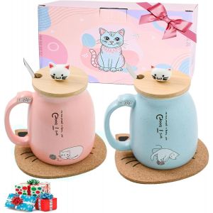 Eryi-Lot De 2 Tasses À Café En Céramique De Chat Avec Couvercle Et Cuillère Pour Les Amoureux Des Chats Pour Anniversaire Saint Valentin Cadeaux De Noël,Nouvelle Année,450ml - Neuf
