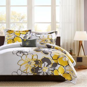 Allison Parure De Lit D&eacute;corative Moderne Pour Chambre &Agrave; Coucher, Motif Floral Aux Couleurs Vives, Taie D'oreiller Assortie, Oreiller D&eacute;coratif, Housse De Couette Jaune/Gris - Neuf