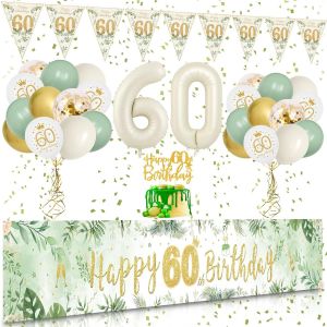 CAUC-D&eacute;coration Anniversaire 60 Ans Vert et Or - Banderole Joyeux Anniversaire, Triangle Banni&egrave;re, Confettis, Ballons - Pour Femme et Homme - Neuf