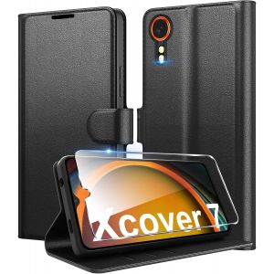acdsgd-Coque pour Samsung Galaxy Xcover 7 en Premium Cuir PU, Portefeuille Housse Etui pour Cartes Protection Anti-Choc Flip Case avec 1 Verre Tremp&eacute; Noir - Neuf